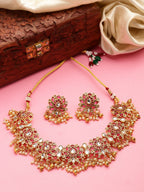 NVR Women's Gold-Polished Red Kundan- Studded & Beaded Handcrafted Temple Jewellery Set