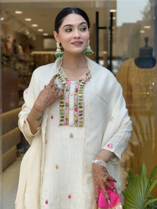 The52 Off White Women's Gorgeous Chinon Fabric Embroidered Work Straight Kurta Pant and Dupatta Set - Distacart