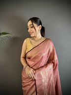 Joban Fashion Rose Gold Paisley & Floral Soft Satin Silk Banarasi Silk Saree - Distacart