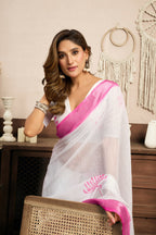 Vastranavya White Digital Printed Linen Ready To Wear Designer Saree with Unstitched Blouse - Distacart