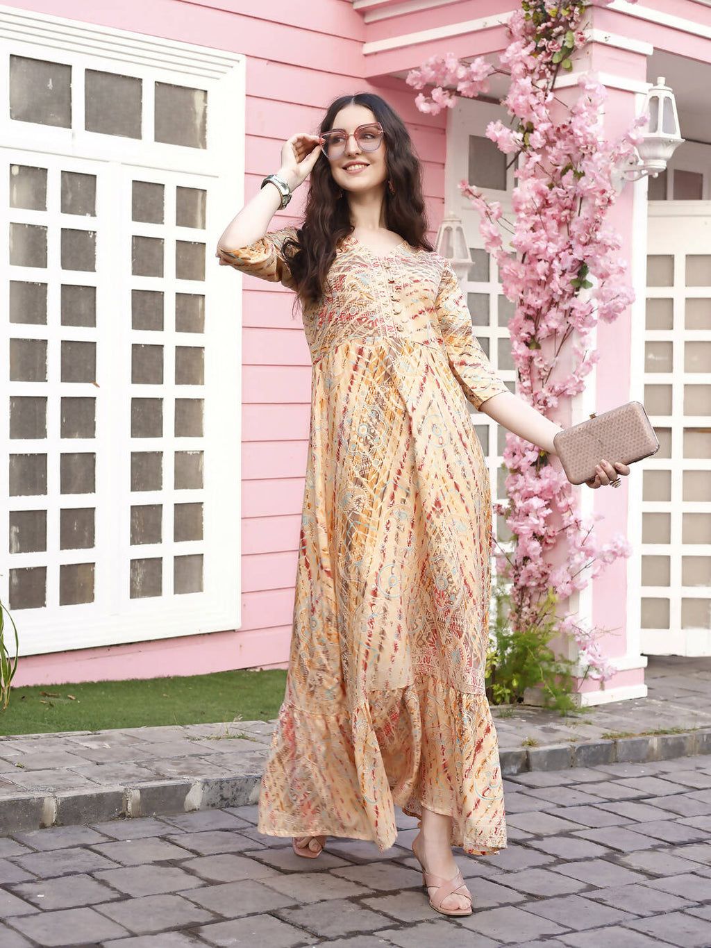 Peach Rayon Foil Printed Long Dress - Michan - Distacart