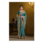Teal Blue Pure Twill Tissue Pure Khatli work Designer Saree With Blouse. - Rajasvi