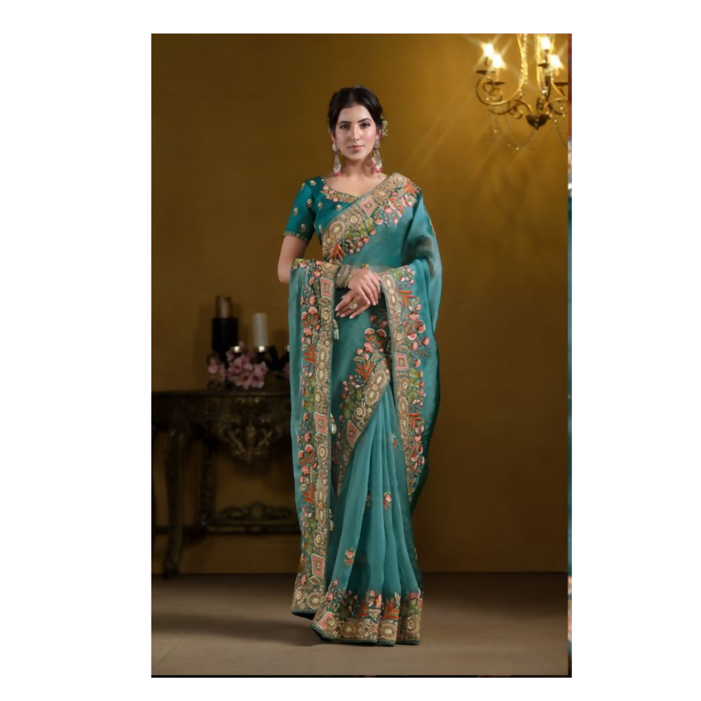 Teal Blue Pure Twill Tissue Pure Khatli work Designer Saree With Blouse. - Rajasvi