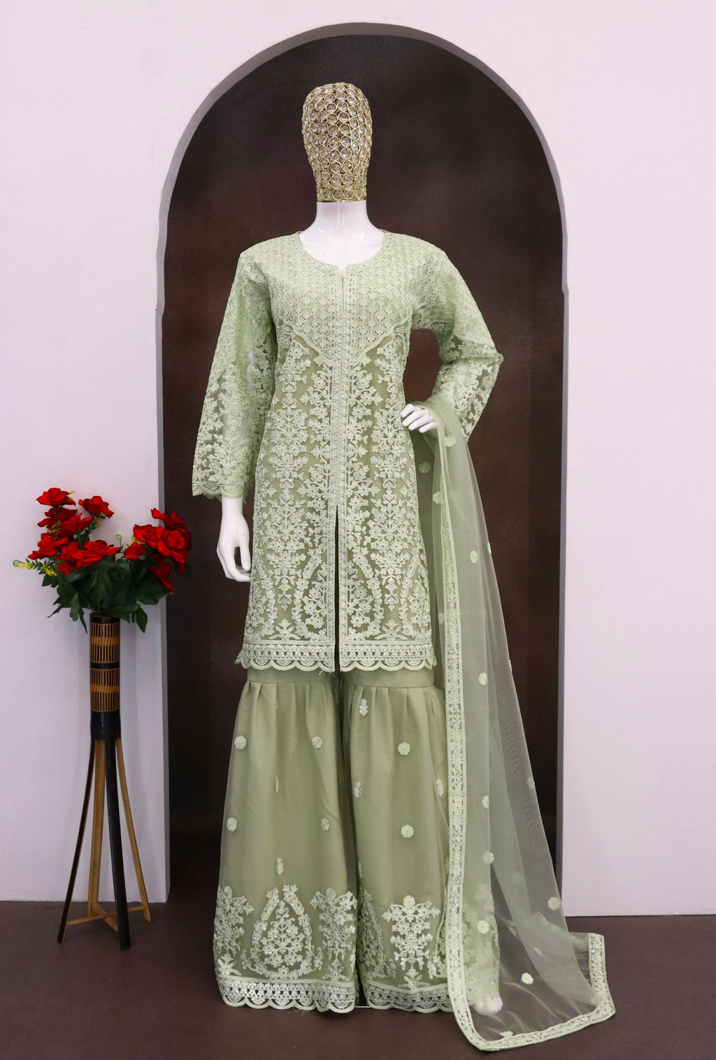 Anaita Green Heavy Net Readymade Suit with Embroidery & Sequence Work - Distacart
