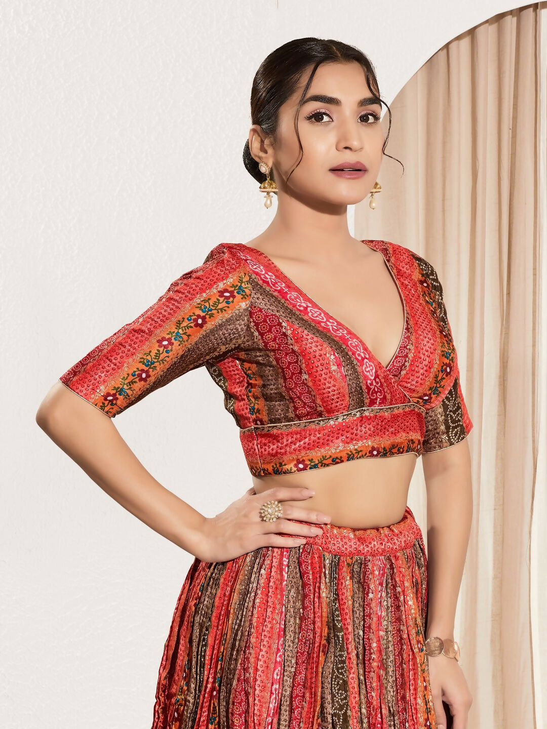 Joban Fashion Maroon Multi Brocade Padded Blouse With V Neck Elbow Sleeves - Distacart