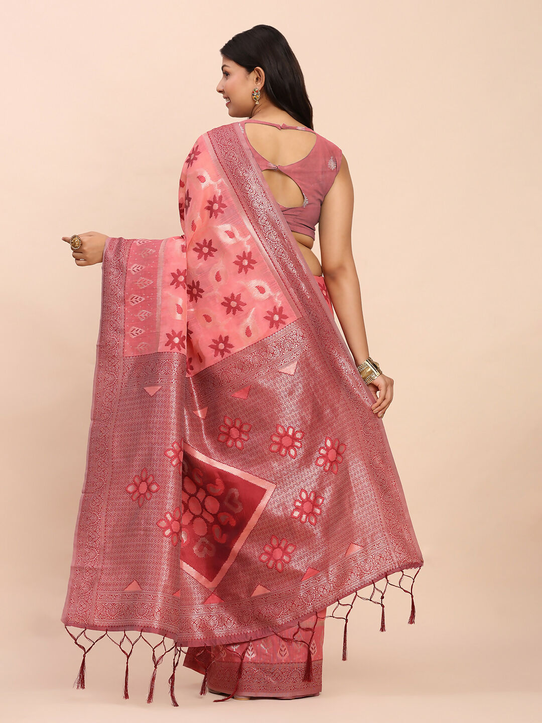 Shree Shyam Fashion Linen Cotton Peach Saree - Distacart