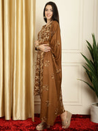 Jyoti Fashion Women's Brown Pashmina Floral Digital Printed Kurta with Trouser & Dupatta
