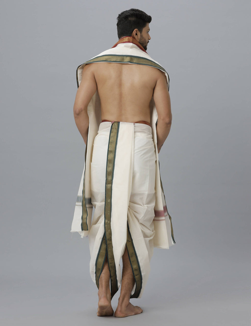 Indian Clothing Ramraj Cotton Mens Pure Cotton 5 Khan Jari 9 + 5 Kora Panchakacham Dhoti With Angavastram Set