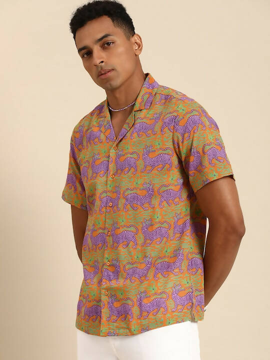 Orange Relaxed Opaque Printed Casual Resort Shirt - Mahotsav