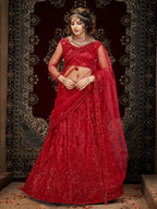 Myra Deep Red Heavy Embroidered Net Lehenga