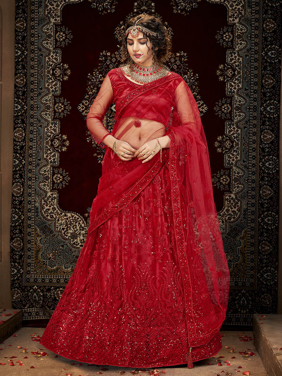 Myra Deep Red Heavy Embroidered Net Lehenga