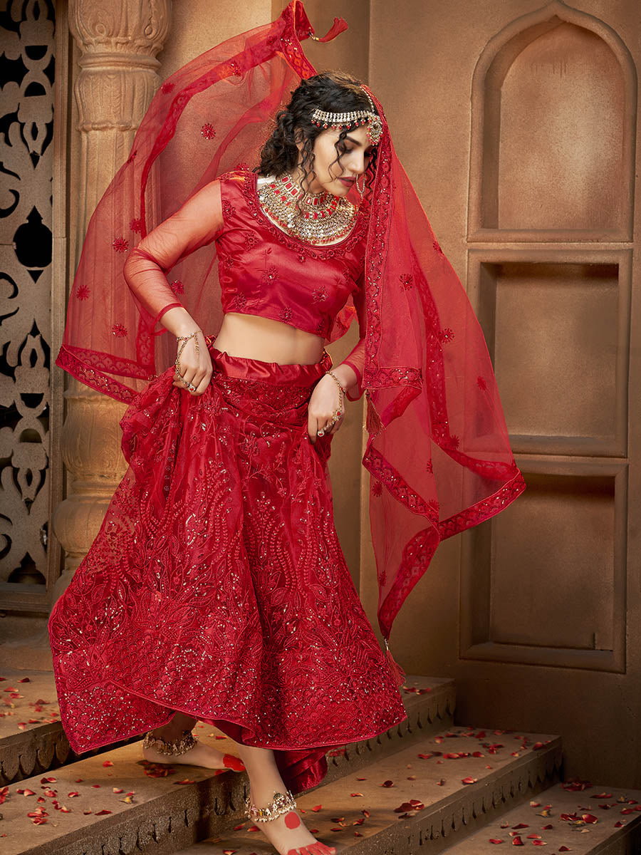 Myra Deep Red Heavy Embroidered Net Lehenga