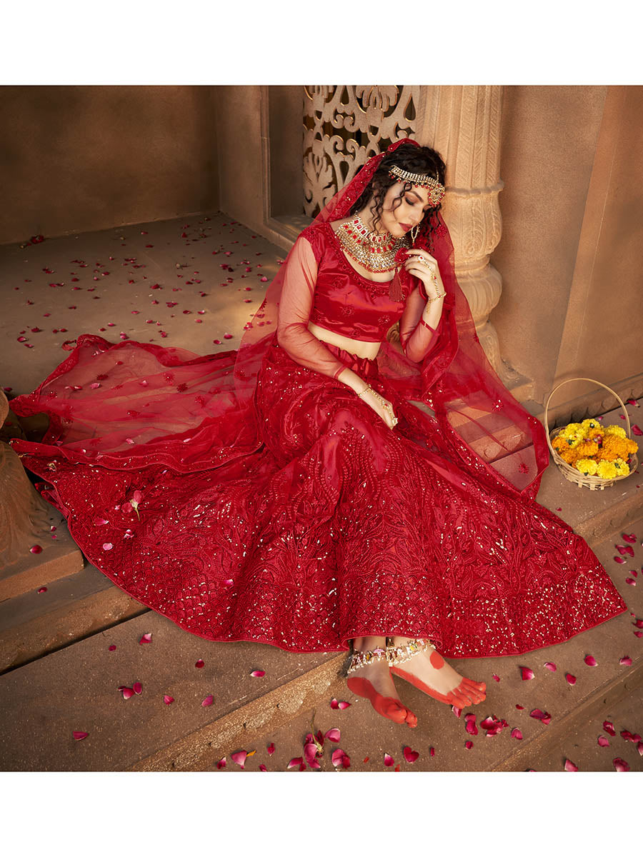 Myra Deep Red Heavy Embroidered Net Lehenga