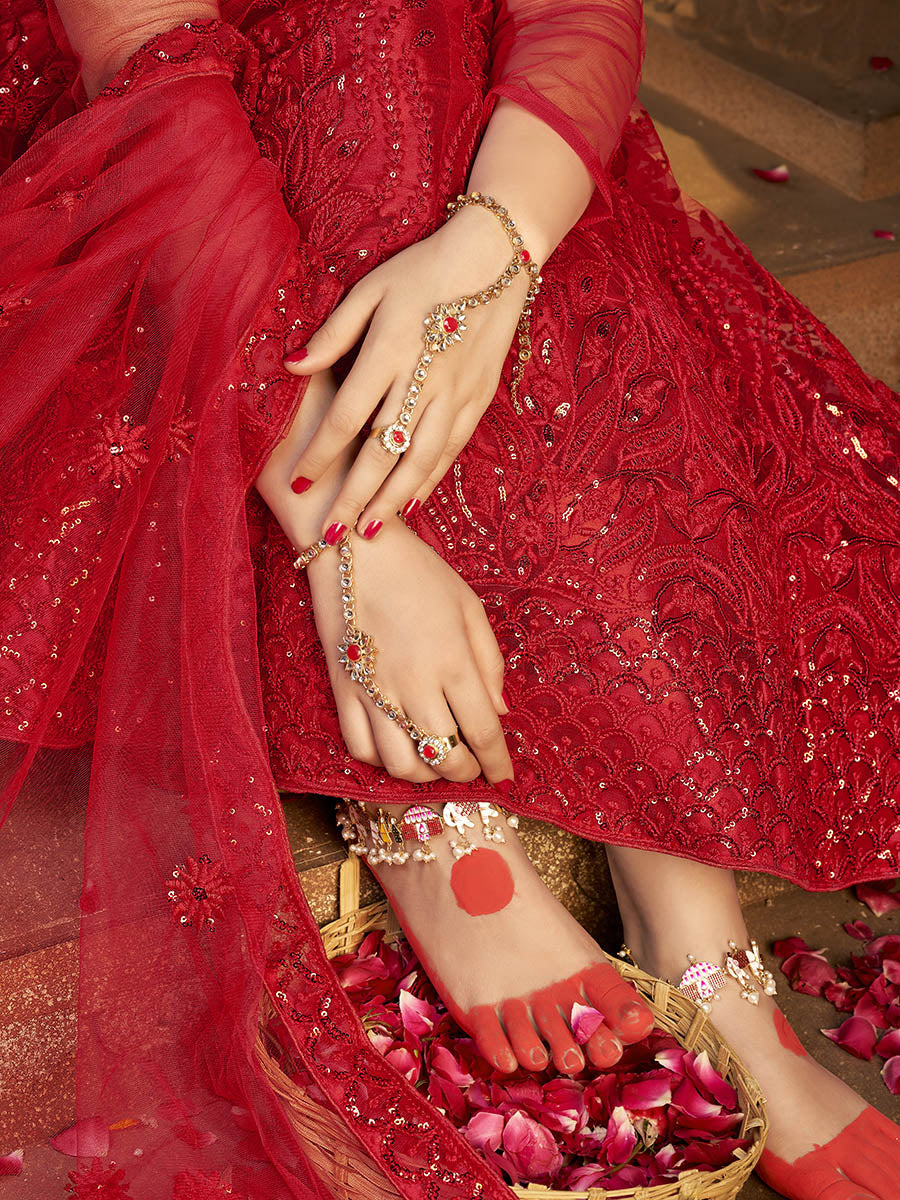 Myra Deep Red Heavy Embroidered Net Lehenga