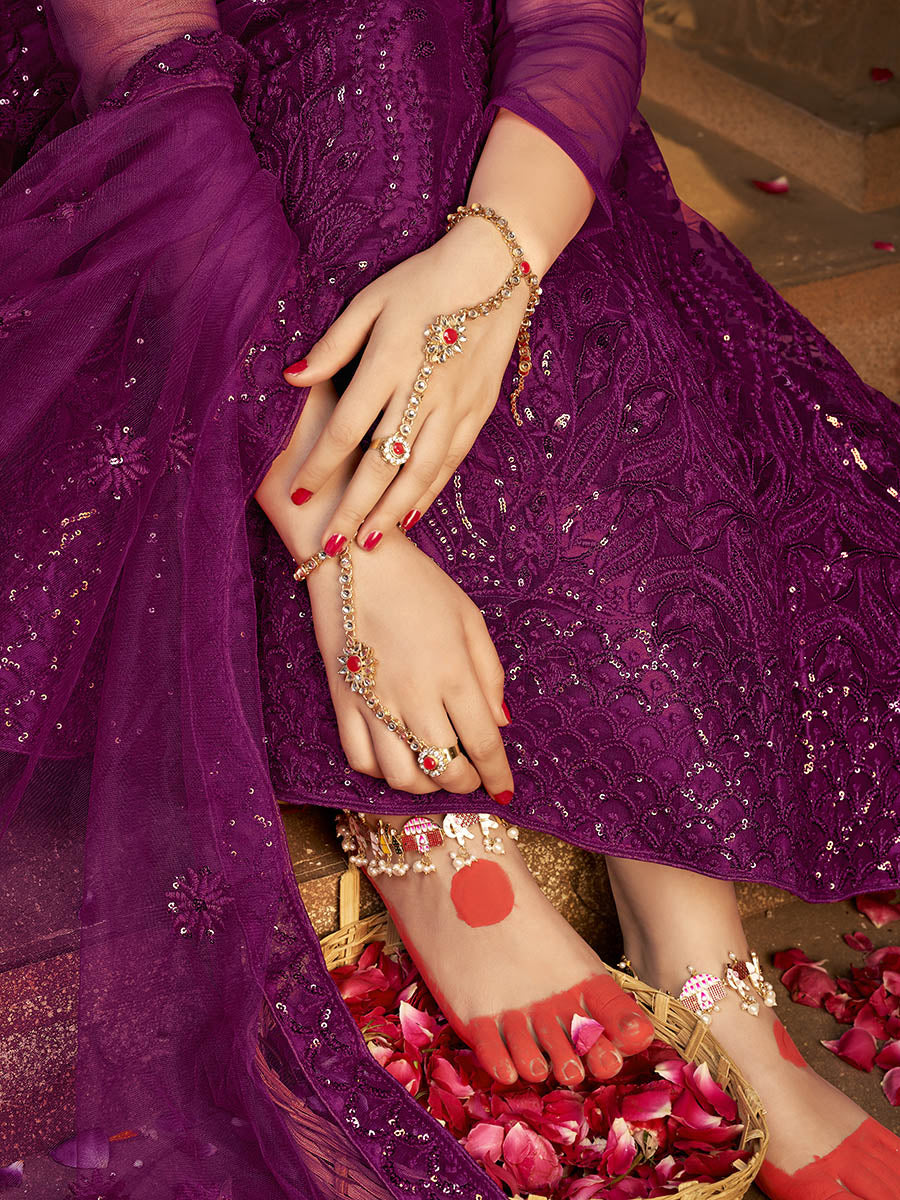 Myra Wine Heavy Embroidered Net Lehenga