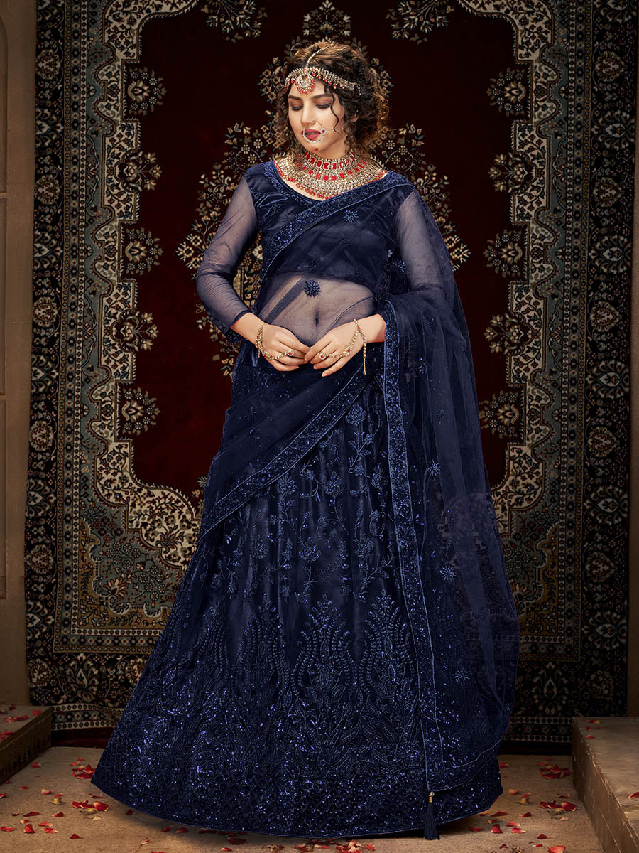 Myra Navy Blue Heavy Embroidered Net Lehenga