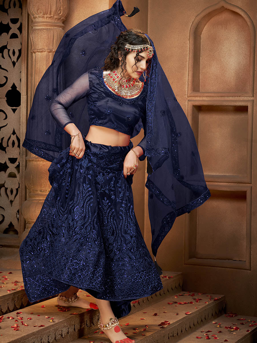 Myra Navy Blue Heavy Embroidered Net Lehenga