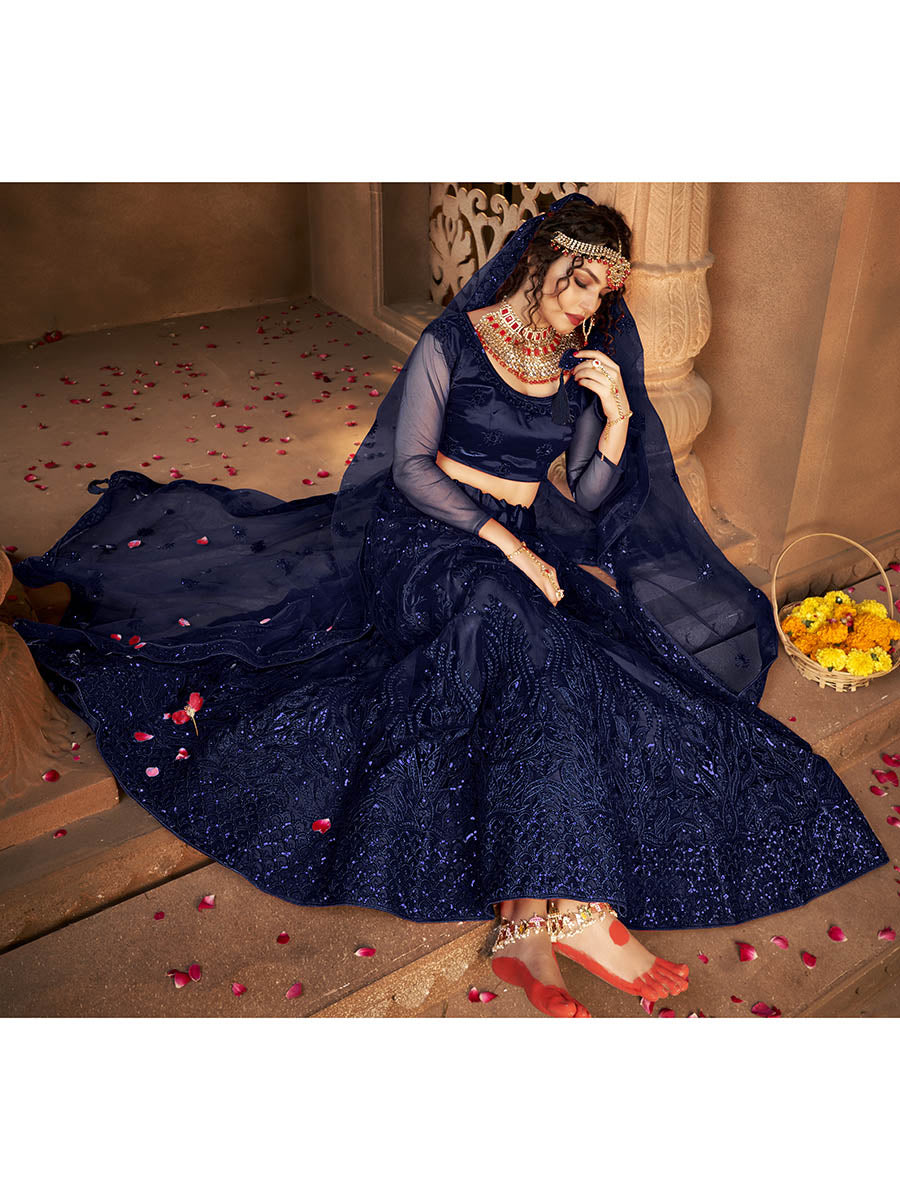 Myra Navy Blue Heavy Embroidered Net Lehenga