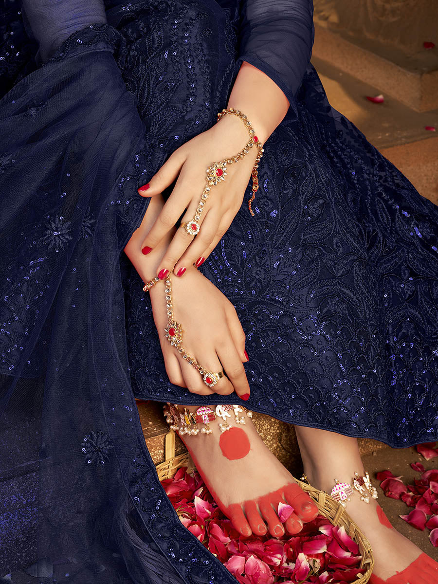 Myra Navy Blue Heavy Embroidered Net Lehenga