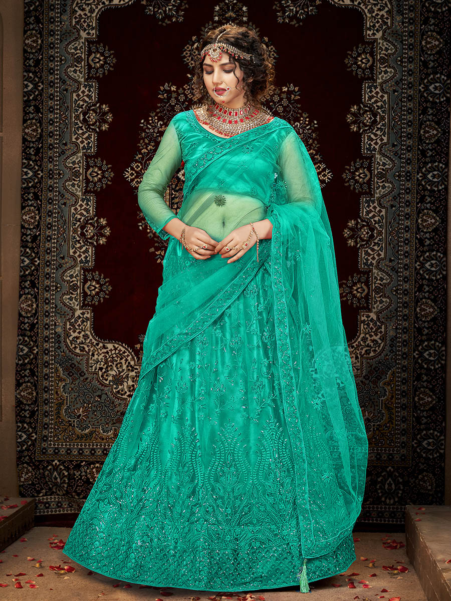 Myra Sea Green Heavy Embroidered Net Lehenga