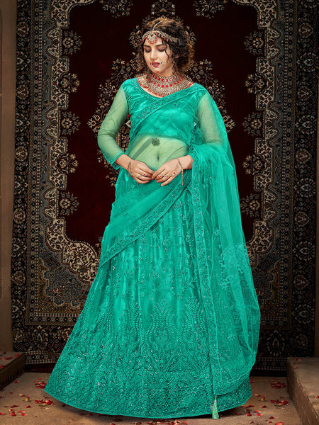 Myra Sea Green Heavy Embroidered Net Lehenga