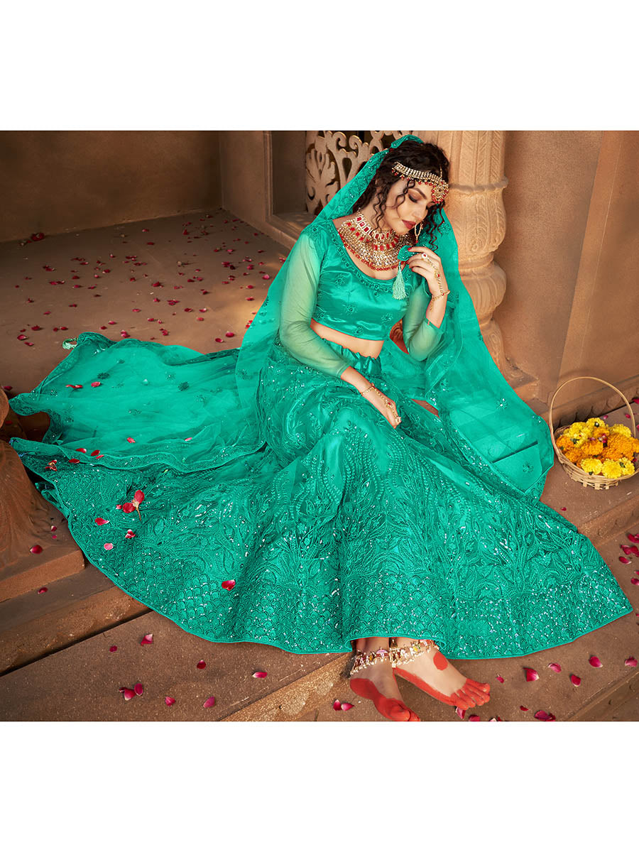 Myra Sea Green Heavy Embroidered Net Lehenga