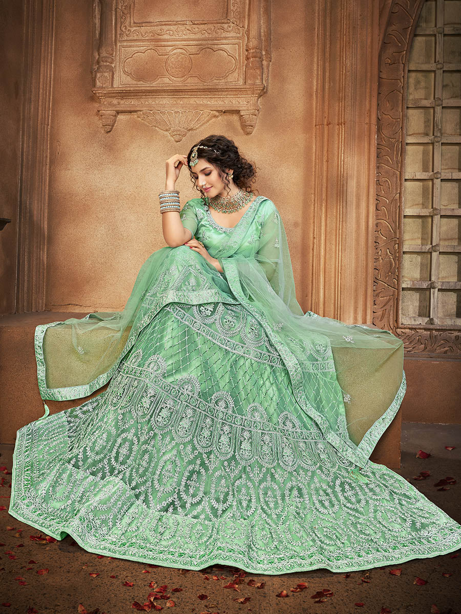 Myra Sea Green Heavy Embroidered Net Lehenga