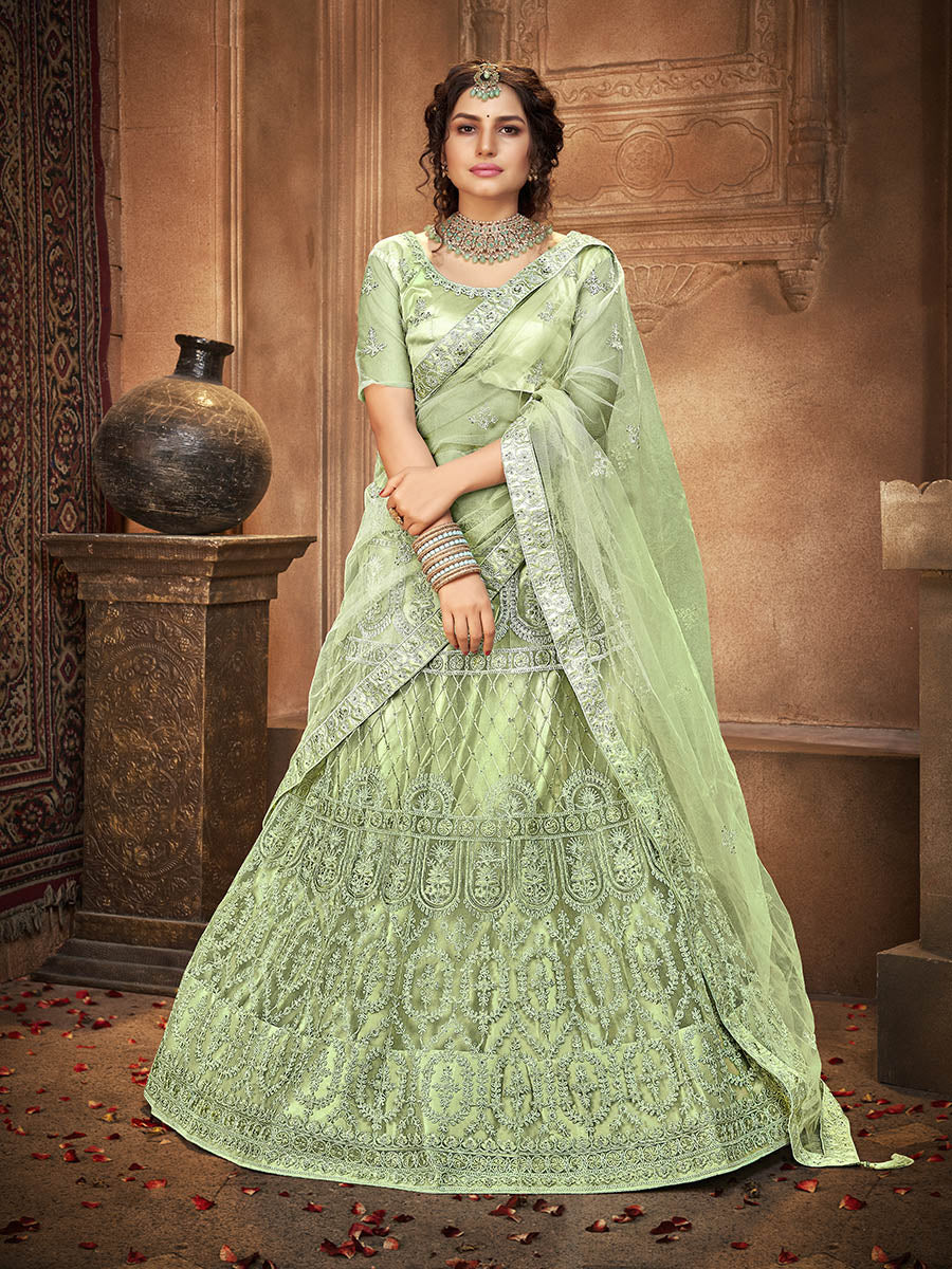 Myra Pista Heavy Embroidered Net Lehenga