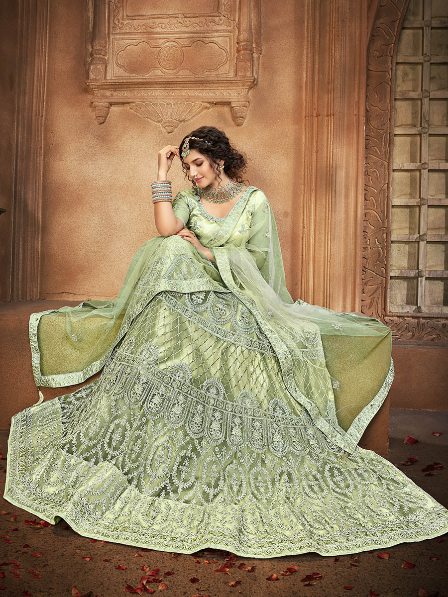 Myra Pista Heavy Embroidered Net Lehenga