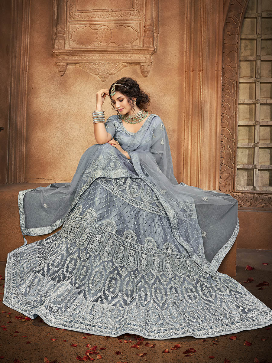 Myra Grey Heavy Embroidered Net Lehenga