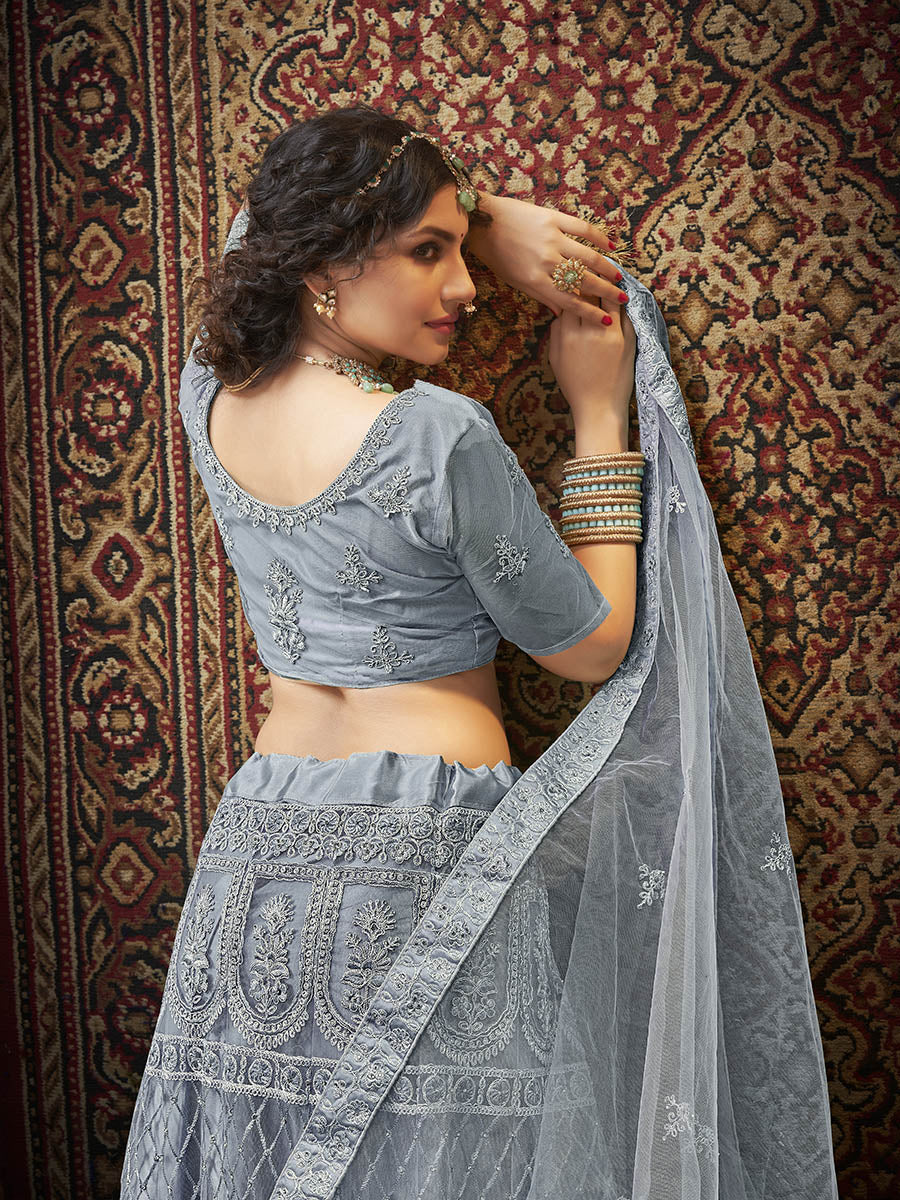 Myra Grey Heavy Embroidered Net Lehenga