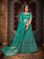 Myra Persion Green Ocean Heavy Embroidered Net Lehenga