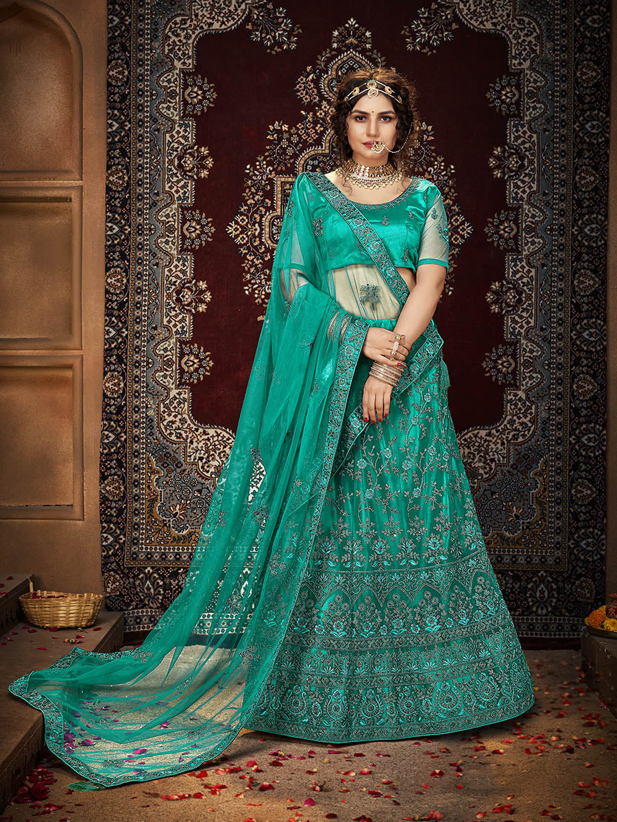 Myra Persion Green Ocean Heavy Embroidered Net Lehenga