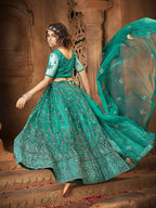 Myra Persion Green Ocean Heavy Embroidered Net Lehenga