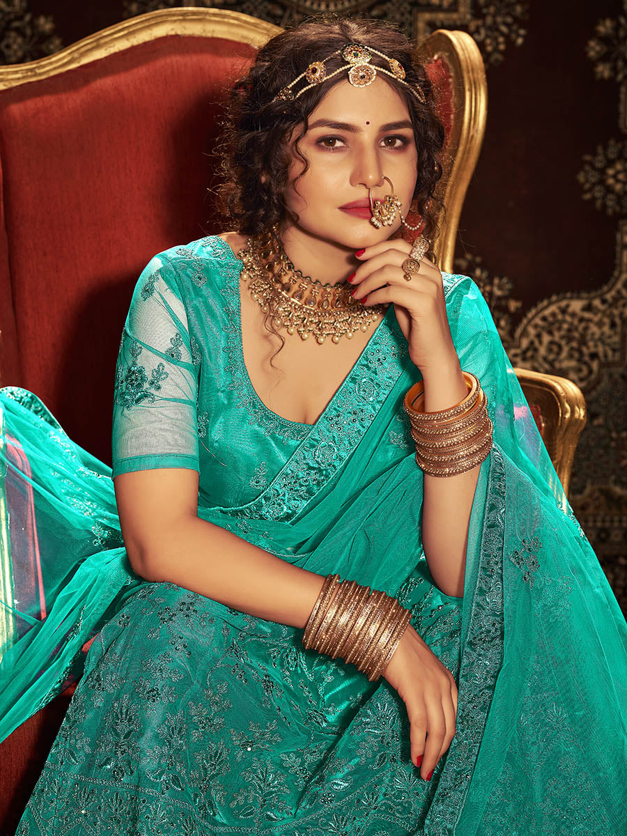 Myra Persion Green Ocean Heavy Embroidered Net Lehenga