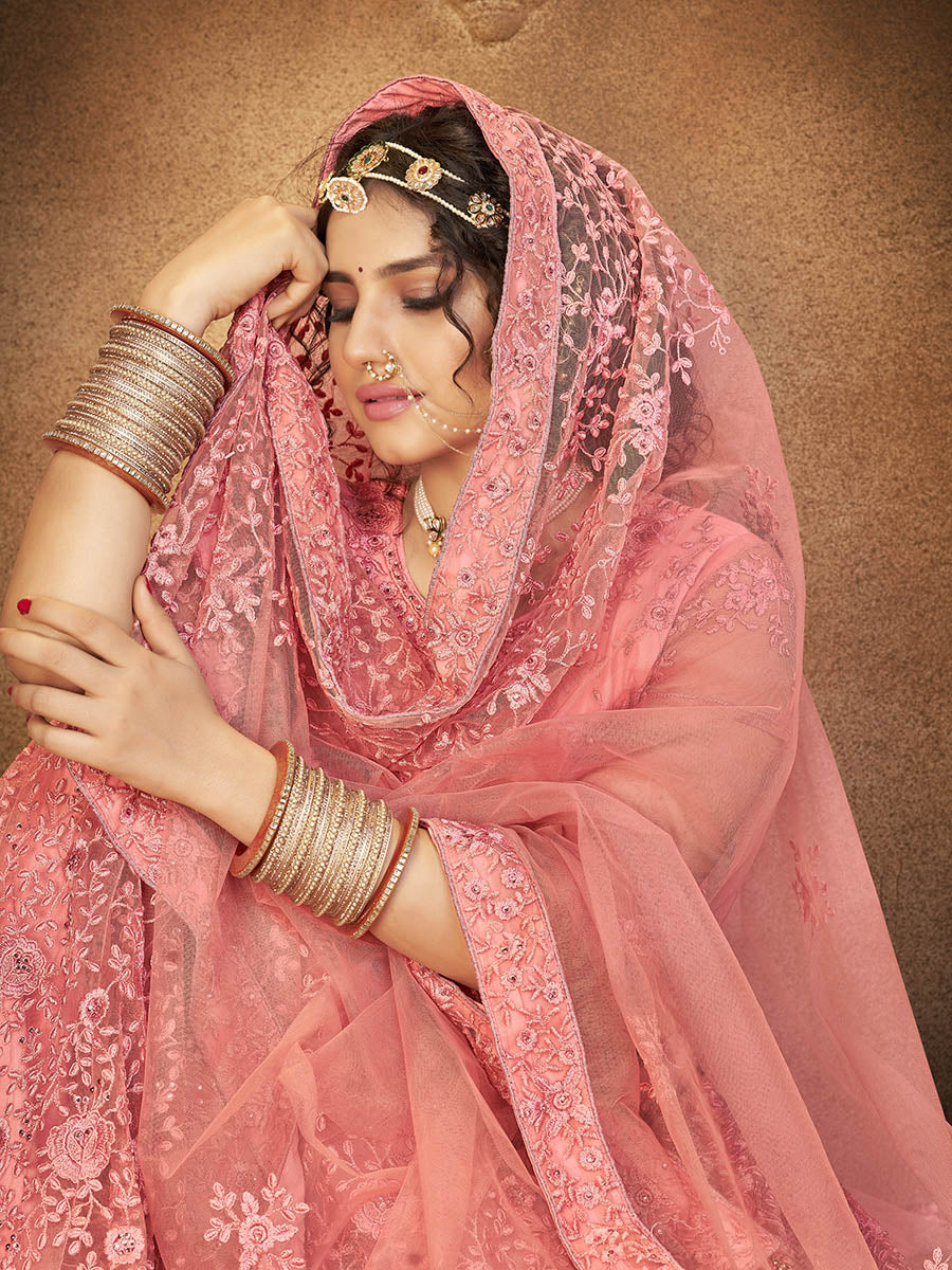 Myra Blush Heavy Embroidered Net Lehenga