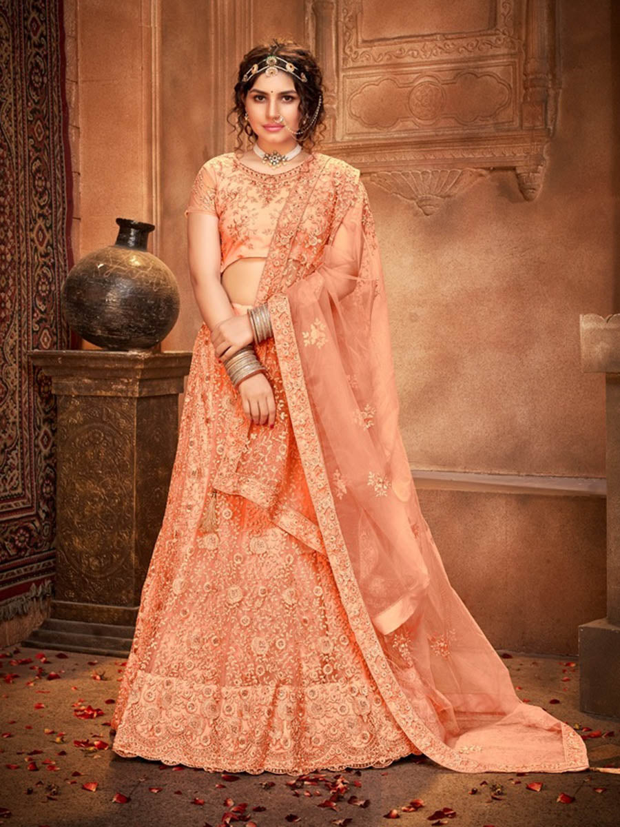 Myra Peach Heavy Embroidered Net Lehenga