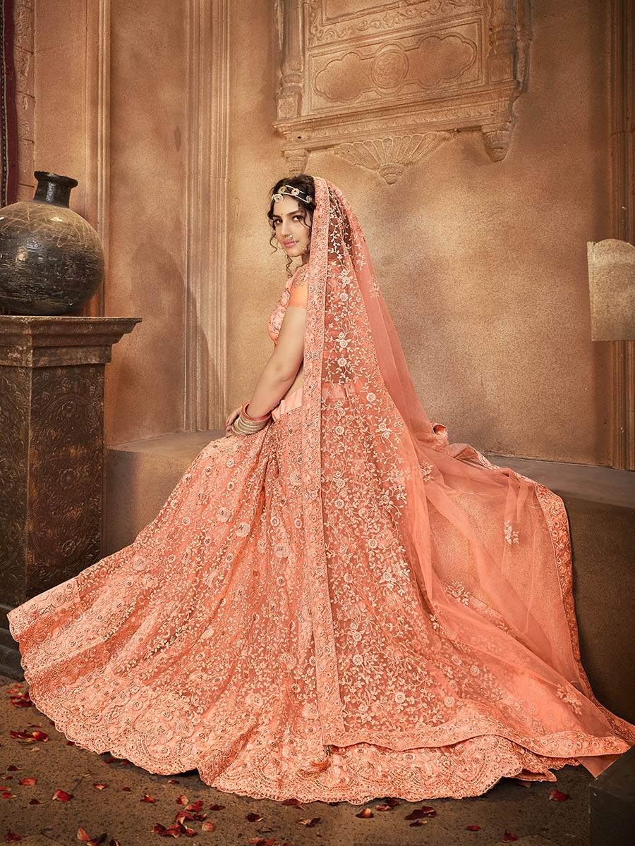Myra Peach Heavy Embroidered Net Lehenga