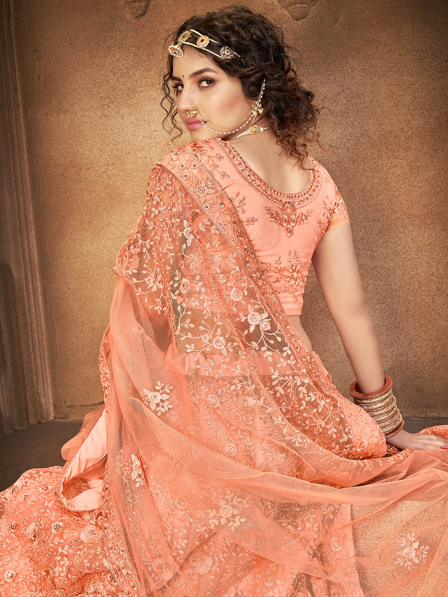 Myra Peach Heavy Embroidered Net Lehenga