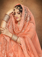Myra Peach Heavy Embroidered Net Lehenga