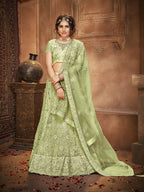 Myra Pista Green Heavy Embroidered Net Lehenga