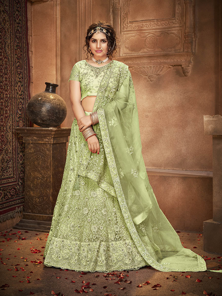 Myra Pista Green Heavy Embroidered Net Lehenga
