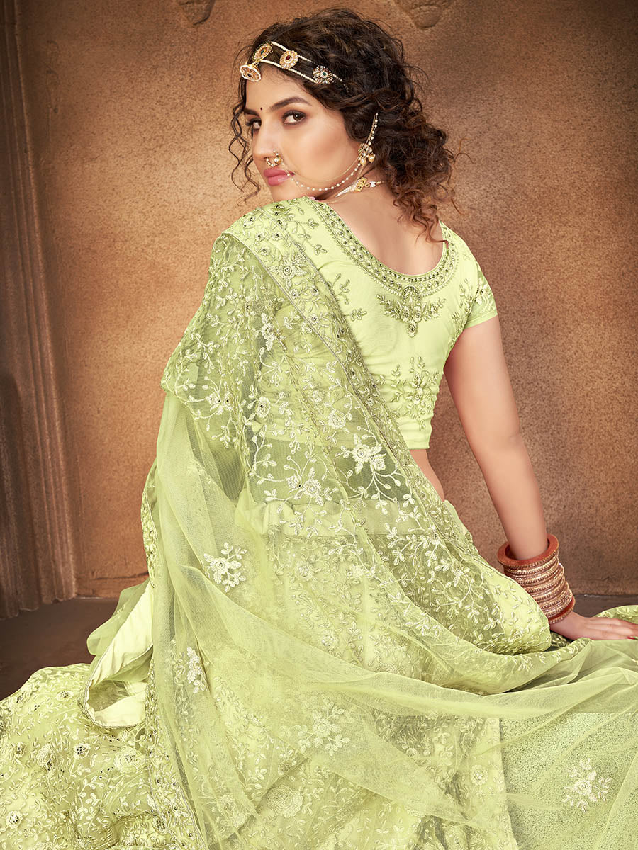 Myra Pista Green Heavy Embroidered Net Lehenga
