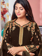 Myra Brown Heavy Faux Georgette Embroidered Churidar Suit - Distacart
