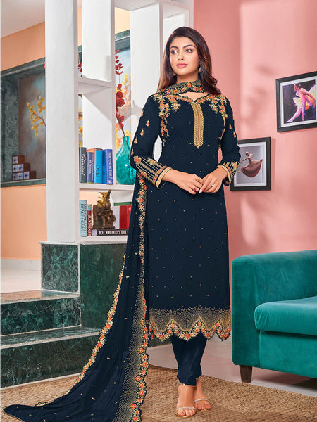 Myra Navy Blue Heavy Faux Georgette Embroidered Churidar Suit