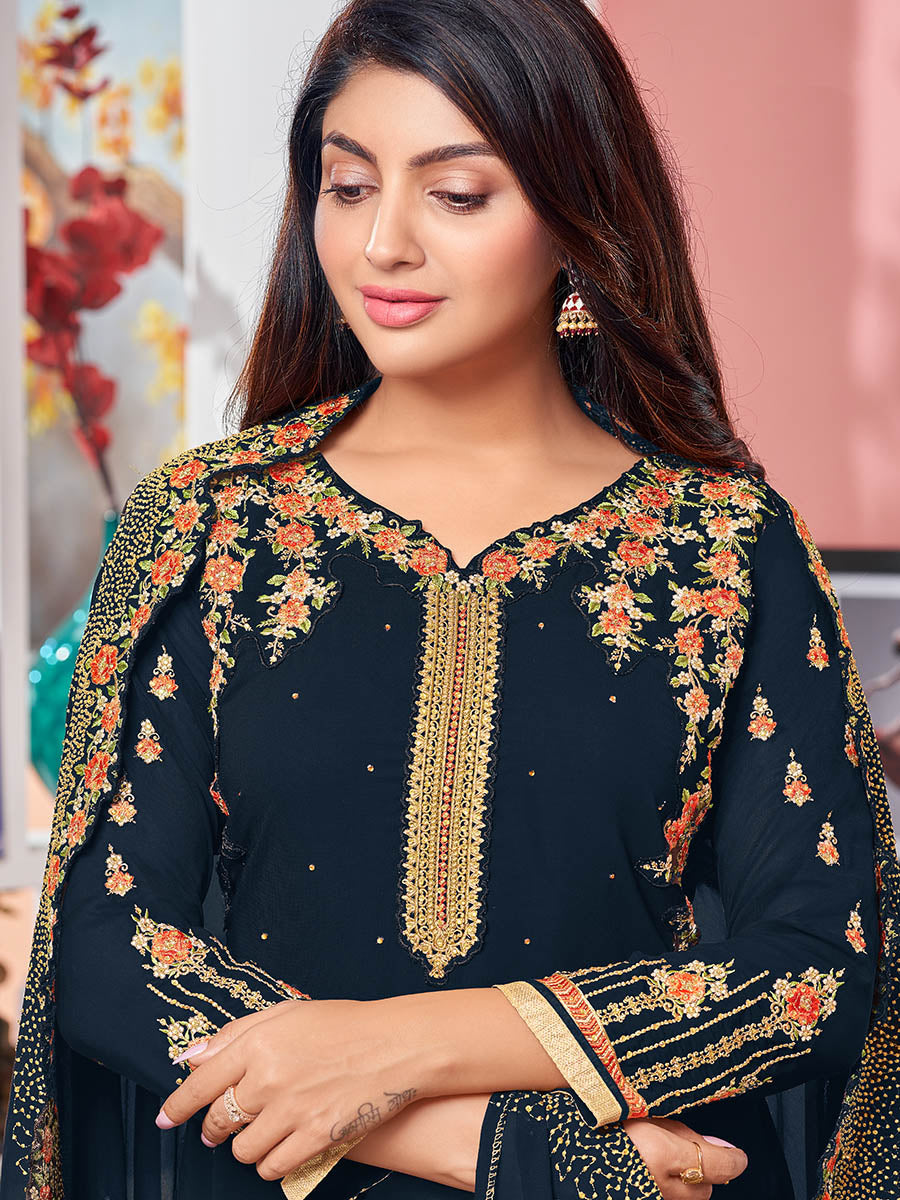Myra Navy Blue Heavy Faux Georgette Embroidered Churidar Suit - Distacart