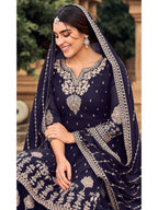 Myra Navy Blue heavy Georgette Koti Style Embroidered Sharara Suit