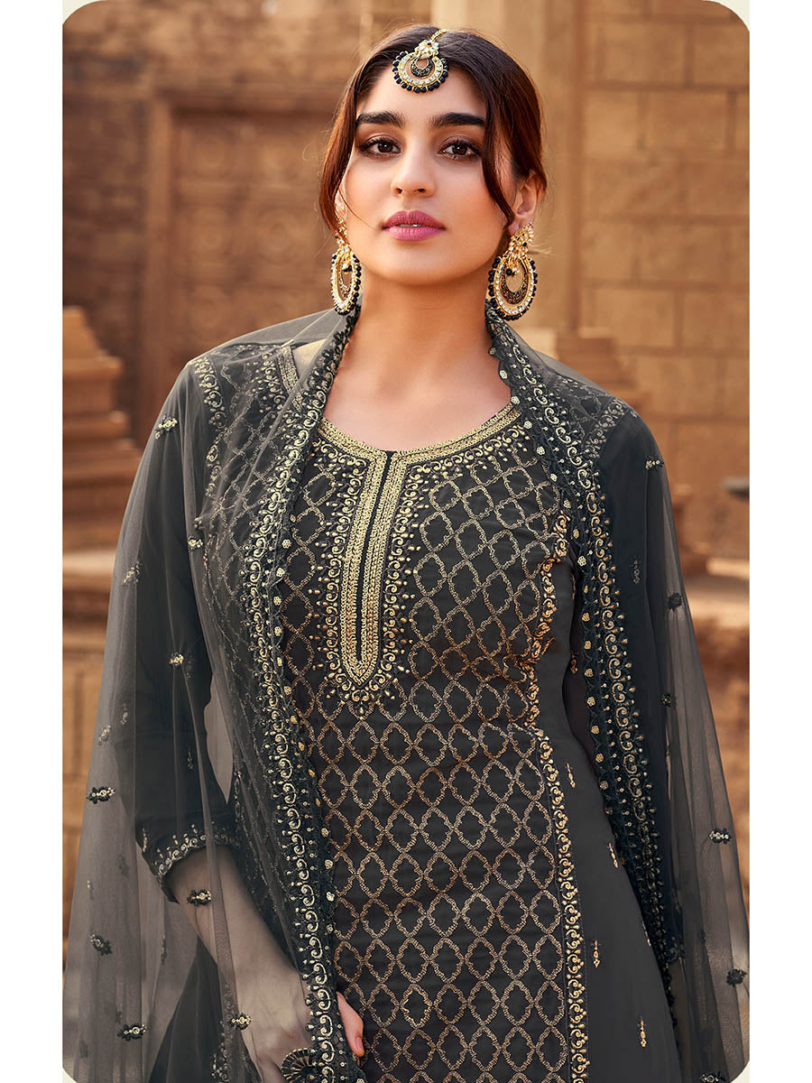 Myra Dusty Grey Heavy Georgette Embroidered Sharara Suit