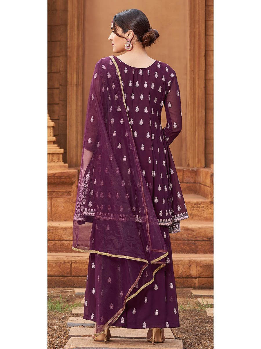 Myra Purple heavy Georgette Koti Style Embroidered Sharara Suit