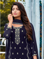 Myra Navy Blue Heavy Faux Georgette Embroidered Pant Style Suit - Distacart